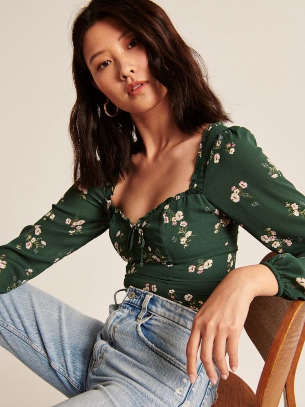 Abercrombie & Fitch | Forest Green Floral Tie-Back Blouse Long Sleeves Sz Small